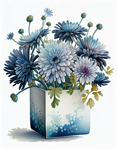 detailed vibrant watercolor bouquet of blue chrysanthemum flower in plain square vase white space , isolated on white background, realistic, no shadow, clipart