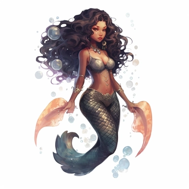 a charming black mermaid, mermaid fin, full body, artistic interpretations, watercolor, manhwa character design, in the style of artgerm, 2d game art, quadratura, clipart, on white blackground,