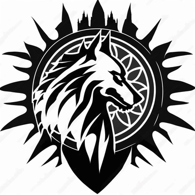 icon clipart of a dire wolf head and a sun in the back black and white as a mandalorian signet from Star Wars