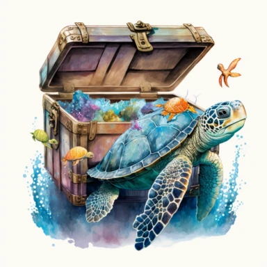 watercolor detailed colorful sea turtle in the ocean next to treasure chest clipart, white background, no text