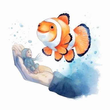 Adorable pet Clownfish having happy moment with it's human owner, water color style, clipart, white background