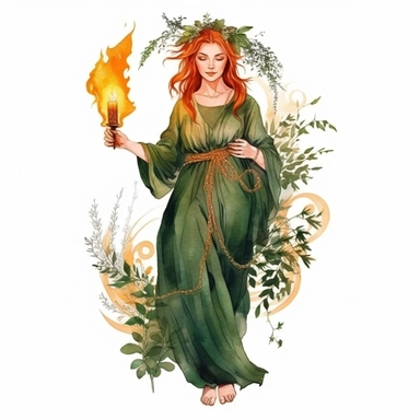 Pagan style beautiful Nature red braided haired Sacred Saint Brigid with watercolor effect,long skirt, flowers and green plants,big fire,suitable for digital clipart,white background,full body,impressive woman,-dark colors,green,khaki,wild colors