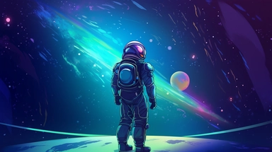 digital artwork, vector art,Game space planet background, cartoon blue vector neon alien galaxy banner, cosmic star sky. Universe planetary nebula illustration, astronaut in suit figure, sci-fi atmosphere clipart. Space planet.highly detail, wide range composition