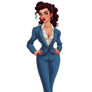 full body perspective 2d disney clipart illustration of a pretty business woman, thick-outlined, white background