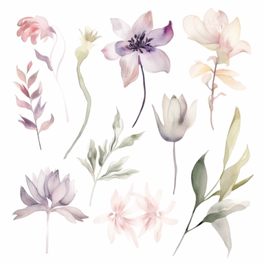 Watercolour sketch, floral elements, simple, clipart, white background, pale delicate tones, naturecore, bloomcore