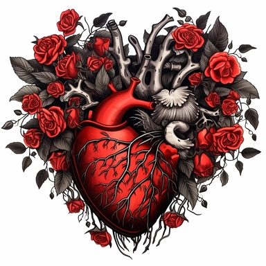 anatomical red heart with black roses clipart, white background