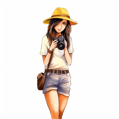Cute adventurest female photographer with a camera, Cute and sunny outfit, Watercolor style, clipart solid white background