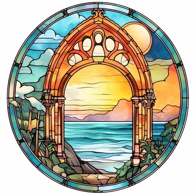 commercial shot of watercolor beach landscape Stain glass window clipart, whimsical, sublimation clipart, fantasy, deep colors, high quality watercolor style clipart, isolated on white, award winning,
