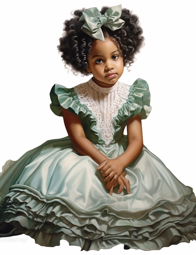gorgeous african american baby girl with green eyes in vintage victorian dress, clipart, Composition: Relaxed position with intricate high hairstyle, Style: gothic, white background, hyperrealism, 32k