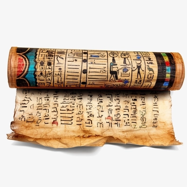 Clipart, watercolor, white background: A papyrus scroll inscribed with hieroglyphs, preserving the wisdom, history, and mythology of ancient Egypt