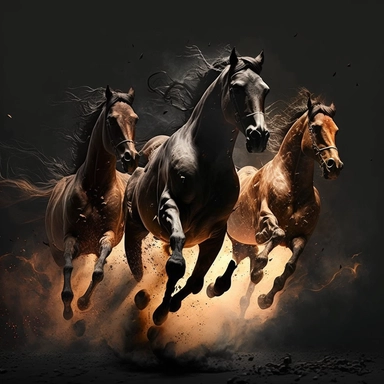 As the horses charge towards the enemy, their hooves pound the ground, creating a fiery intensity that echoes through the air, clipart, 8k, 3D.