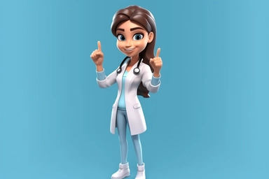 3d render. Cartoon character young caucasian woman doctor, wears uniform, shows like gesture thumb up. Medical clip art isolated on blue background. Health care recommendation