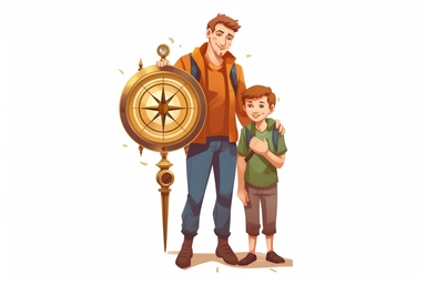 brave father with his son standing near the compass, clipart, white background