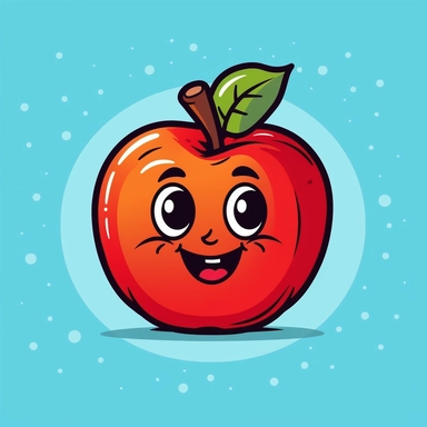Create a fun and playful clipart of an apple in a cartoon style. Ensure that the apple is the focal point of the drawing with a plain, high contrasted background. Use bright and bold colors to make the apple stand out and consider adding a happy expression or other details to give the apple a personality. The clipart should be suitable for use as a simple graphic in various digital or print materials, such as a logo or icon.