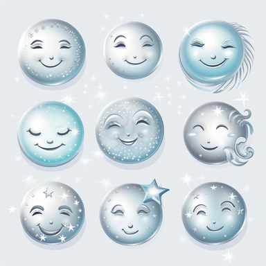 beautiful smiling moon symbols in white, pale blue and silver, white background, vector-style, clipart collection