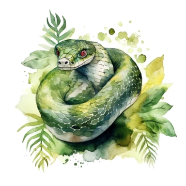 Watercolor snake in rainforest clipart, for childish cards, illustration style, on white background, detailed, hd