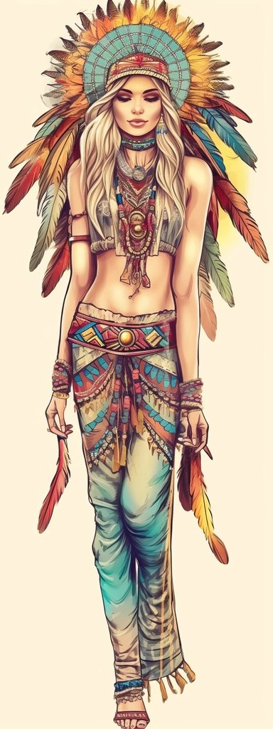 woman in standing fashion pose clipart, Bohemian, exotic, blue eyed and blonde haired woman with a colorful indian chief headdress with long feathers on her head, standing fashion pose with cowboy boots, lotus choker, large earings, tattoos, hands in pray
