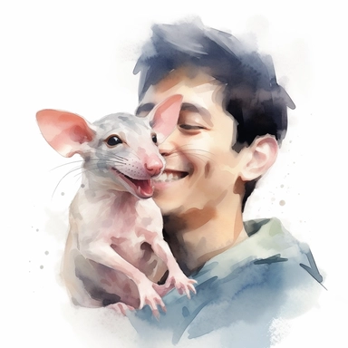 Adorable pet Rat having happy moment with it's human owner, water color style, clipart, white background