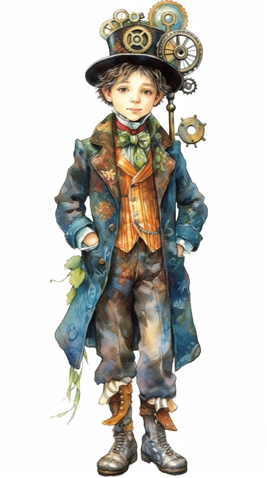watercolor steampunk boy entire body illustration clipart by holly hobbie and mary engelbreit