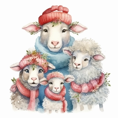 charming family of 4 sheep, Christmas morning, festive decor and mood, ornamental watercolor, clipart
