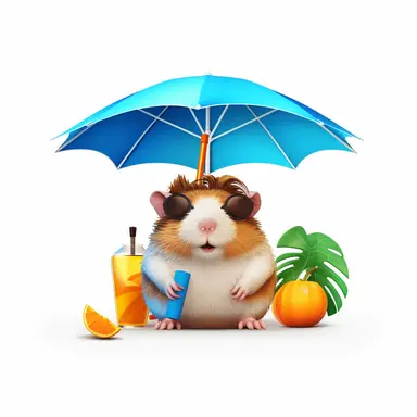 hyper-detailed pom-pom clipart illustration of a happy Guinea Pig, sitting on a beach chair, wearing sunglasses and sipping a cold drink with a funny hat and a tiny paper umbrella, extreme close-up view, isolated on white background with margins, cut-out images, Studio Ghibli-style,