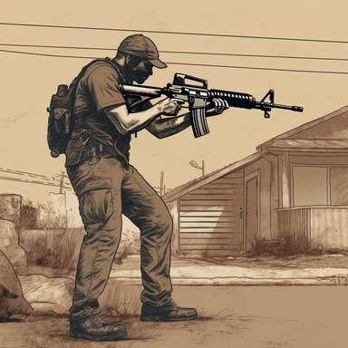 a full body portrait of a man holding his M16 rifle and shoot fire to the side,in a poor street+aim his weapon up +side view+dark color tones+ vintage drawing style ,clipart drawing,clipart image,high definition drawing,clean colors,balanced colors,detailed drawing,ratito 16:9 , aspects : high 1920 + width 1080