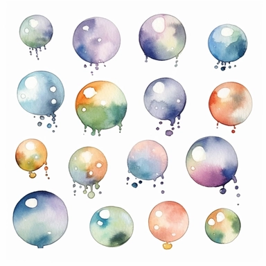 watercolor bubbles clip art, in the style of whimsical storytelling, storybook illustration minimal, graphic illustration, matte colors, 2d flat, vector, transparent background