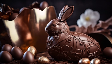 a chocolate bunny and easter eggs gently sink into liquid chocolate, cherry, chocolate bar, chocolate eggs, photo clipart, background, delicious, studio photo light, lots of intricate details, harmonious composition, volumetric lighting, professional food photographer luxury, photo lighting + f2. 8 80mm lens, lots of intricate details, canon, sharp focus, ureal photo realism, hyper-realism