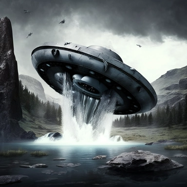 High definition disk shaped ufo crash landed on waterfall clipart