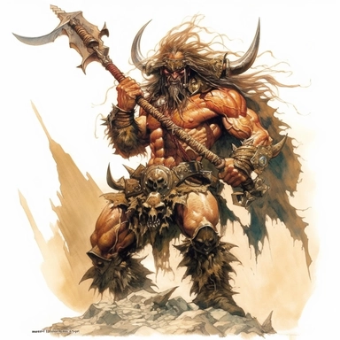 Artist Frank Frazetta creates the spirit of fierce barbarian warriors with Sword & Sorcery clipart featuring a mighty warrior wielding a massive battle axe. In HD on a white background.