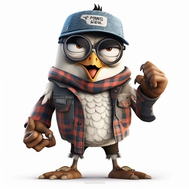 please create pixar style character clipart of an owl dressed like a rapper with bandana, teeth grills, back view with arms flexing