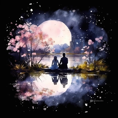 Watercolor, A couple by the river in bloom, night,clipart on black background