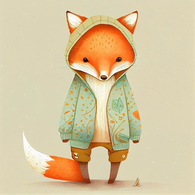 children's book illustration of a cute fox wearing clothes, cute kawaii, by Tracie Grimwood Aust, smooth realistic watercolor details, in the style of Pixar, great color, outline, nursery art, popular on pinterest, clipart, trending on artstation, minimalist, flat design, plain white background, insane detail, intricate detail