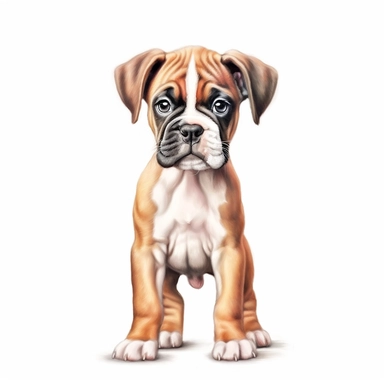 boxer puppy, high quality, hand drawn, very realistic, beautiful, cute, clipart, white background, whole puppy, standing up, 300dpi , puppy is standing