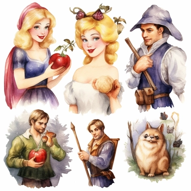 Watercolor snowwhite , illustrations clipart set, simple , cartoon elements, fairy tale theme and elements, different characters, handsome blonde prince, the huntsman, the evil queen, different variants , , separate elements with a margin
