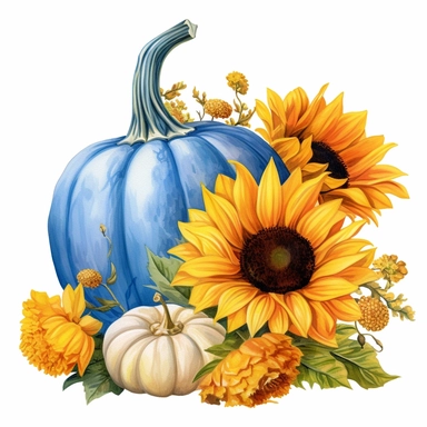 vector watercolor hyper realistic vintage fall autumn blue pumpkin with small sunflower clipart, blue pumpkin and small sunflower, photorealistic, realistic still life style, detailed watercolor style, on white background