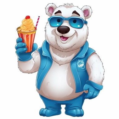 a polar bear giving a thumbs up, holding a snowcone and wearing inuit snow goggles, Clipart style cartoon
