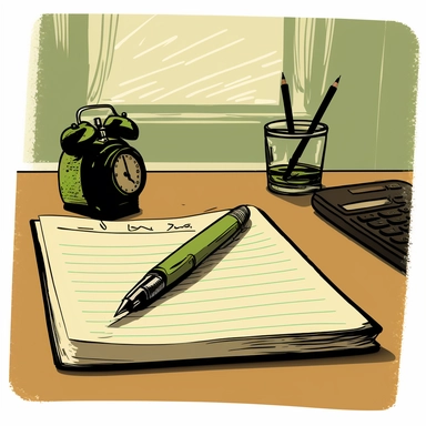 a diary and a pen lying on a desk, clipart style