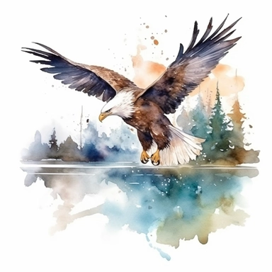 Eagle Flying with holding Fish over a lake , watercolor Clipart,Isolated