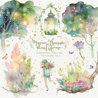 A mesmerizing watercolor clipart collection featuring elements from llustration of a magical forest inspired by Shakespeare's A Midsummer Night's Dream. lush green trees adorned with twinkling fairy lights, Delicate flowers bloom in vibrant colors, while mischievous fairies flit through the air, leaving behind trails of sparkling dust, ethereal ambiance. whimsy and enchantment