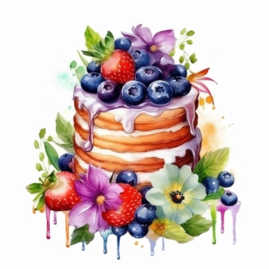clipart, isolated on white background, Watercolor cake with flowers and berries, green colored, ornated, vivid and vibrant and saturated colors