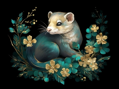 deep emerald gold watercolor Ferret with flowers plants clipart, golden metallic lines and some glitter, shining colors, dark background, 8k, high resolution