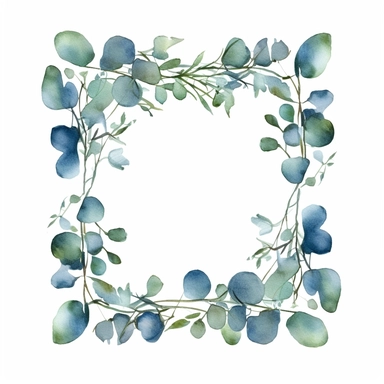 square frame of watercolor eucalyptus branch clipart, in the style of border art, green with blue accents, white background