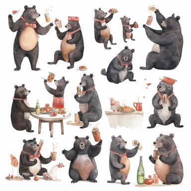 multiple poses characters of Black Bear enjoy with party in the garden, watercolor in medieval cartoon grunge style clipart on white background