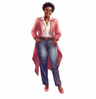 full body shot of smiling African American Black Girl Magic boss lady vector clipart vector illustration with transparent background, in the style of light indigo and light crimson, photo-realistic hyperbole, cluj school, transparent/translucent medium, detailed crowd scenes, light pink and light emerald, dark brown and white