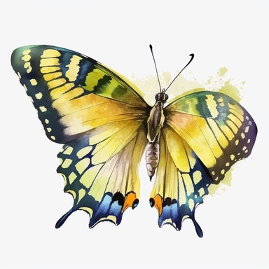 watercolor butterfly clipart, exotic flying butterfly, full yellow, bright color, no outlines, white background, no text