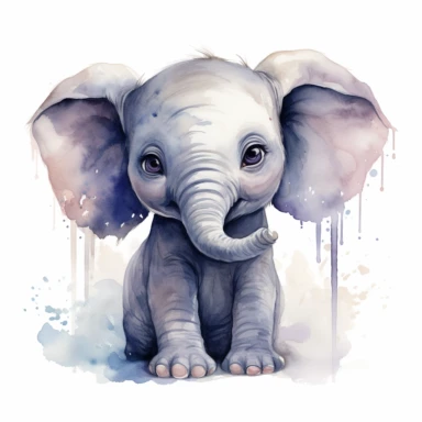 Create a caricature watercolor-style clipart of a playful baby elephant, with an emphasis on its dynamic pose and the nuanced colors of its body. Use a range of soft grays, blues, and touches of purple to bring out its lively spirit. Begin with the baby elephant, illustrating it mid-action with one foot lifted as if it's playfully prancing. Use a cool gray for its body, with a slight undertone of blue to bring depth to the image. The wrinkles and folds in its skin should be carefully depicted, a