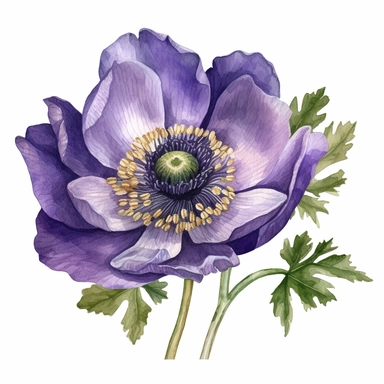 Purple Anemone Clipart, watercolor style, white background