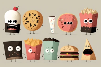 multiple clipart sheet, junk food, rgb in the style of jon klassen, pixar character style