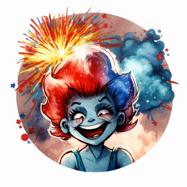 a sticker, a watercolor painting, red, white, and blue colorsplash, clip art, a cute troll with a big smile dressed as Lady Liberty with a background of colorful fireworks.